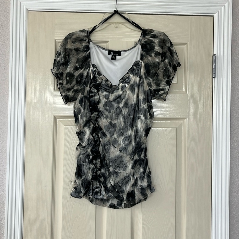Black and White Leopard Print Ab Studio Blouse in XL